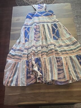 Tiered Boho Stripe Maxi Dress in Blue and Peach